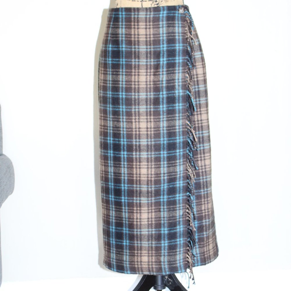 Cambridge Country Brown Blue Plaid Wool Blend Blanket Fringe Maxi Skirt 8P